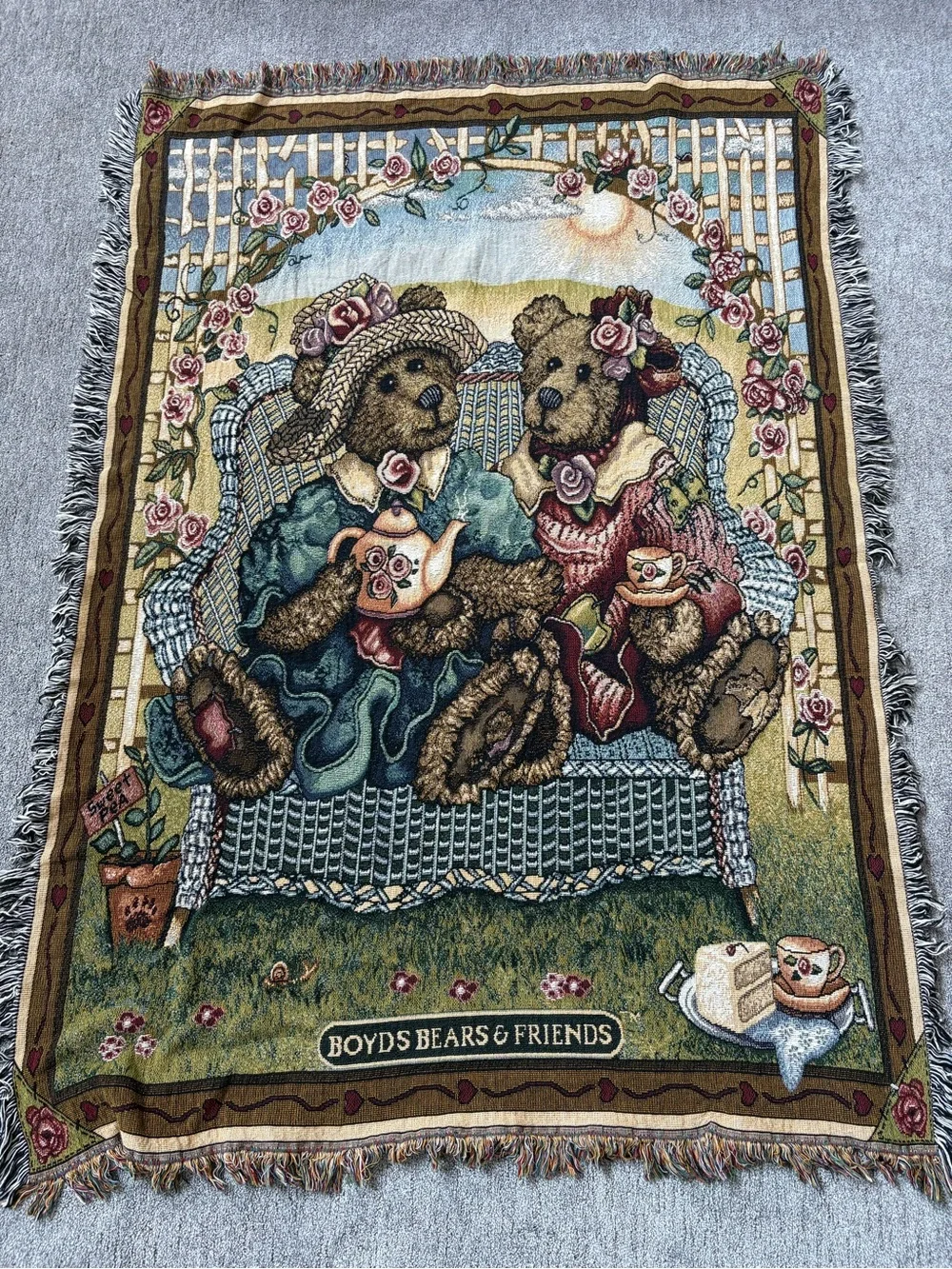 Vintage Boyds Bears & Friends Woven Throw Blanket - Floral Teddy Tea Scene